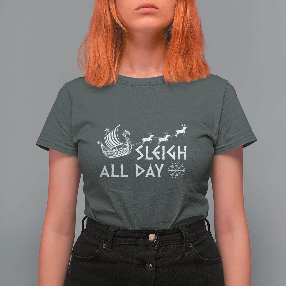 Christmas Viking T Shirt For Women Sleigh All Day Reindeers Longships - Wonder Print Shop