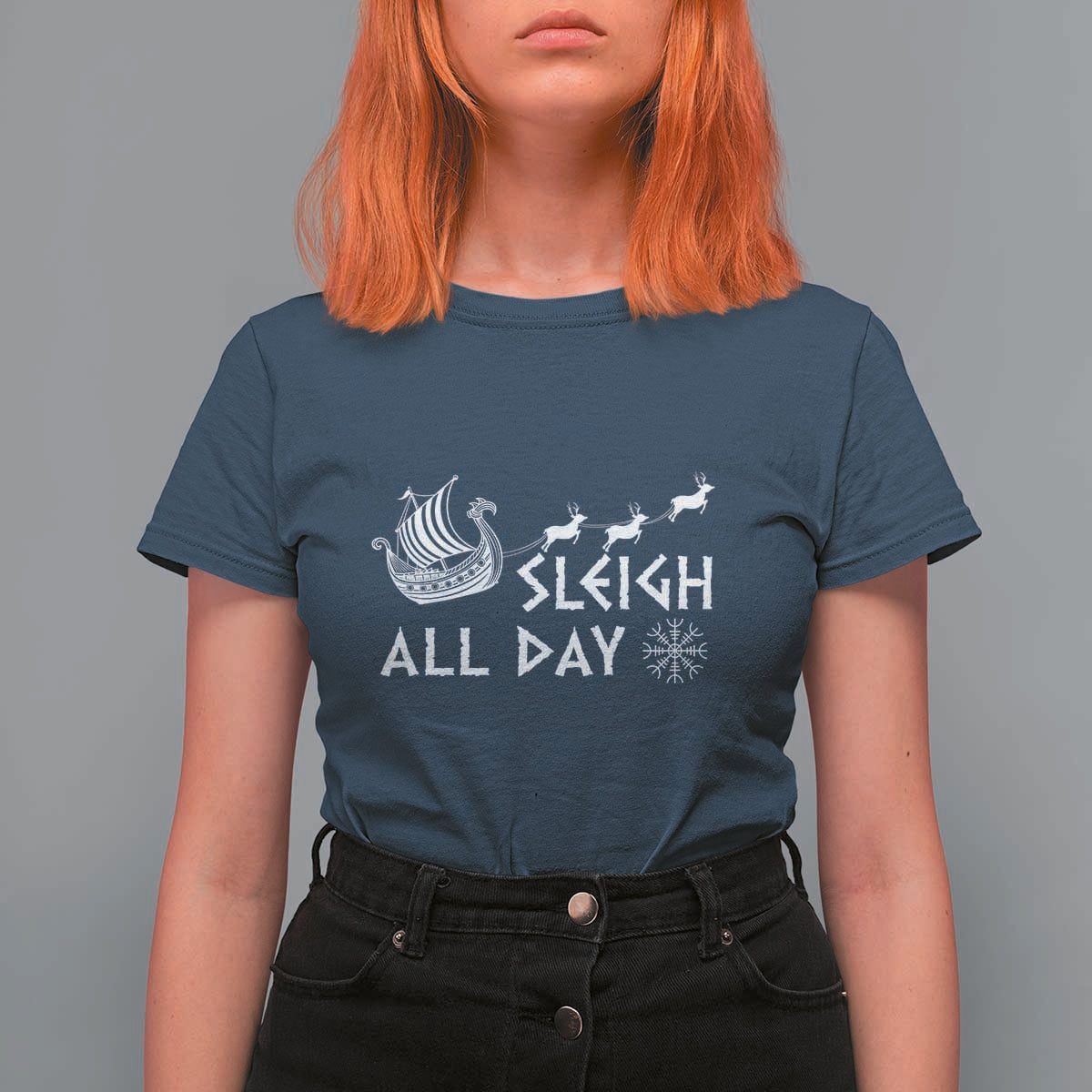 Christmas Viking T Shirt For Women Sleigh All Day Reindeers Longships - Wonder Print Shop