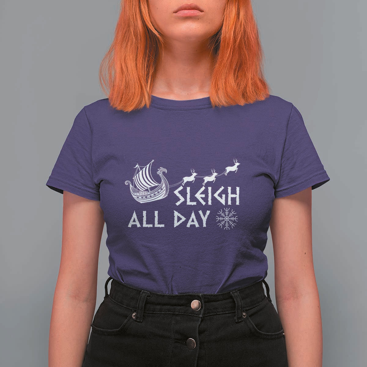 Christmas Viking T Shirt For Women Sleigh All Day Reindeers Longships - Wonder Print Shop