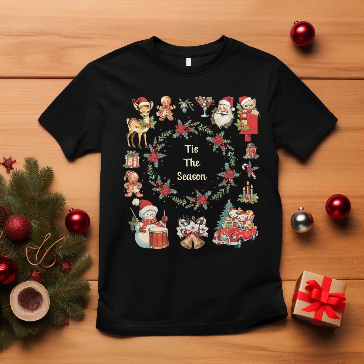 Retro Vintage Christmas T Shirt Tis The Season Santa Hat Xmas Wrealth - Wonder Print Shop