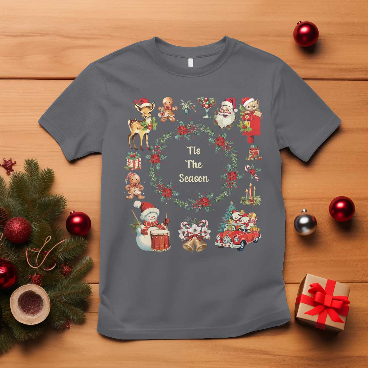 Retro Vintage Christmas T Shirt Tis The Season Santa Hat Xmas Wrealth - Wonder Print Shop
