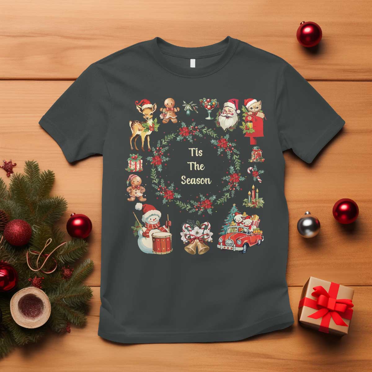 Retro Vintage Christmas T Shirt Tis The Season Santa Hat Xmas Wrealth - Wonder Print Shop