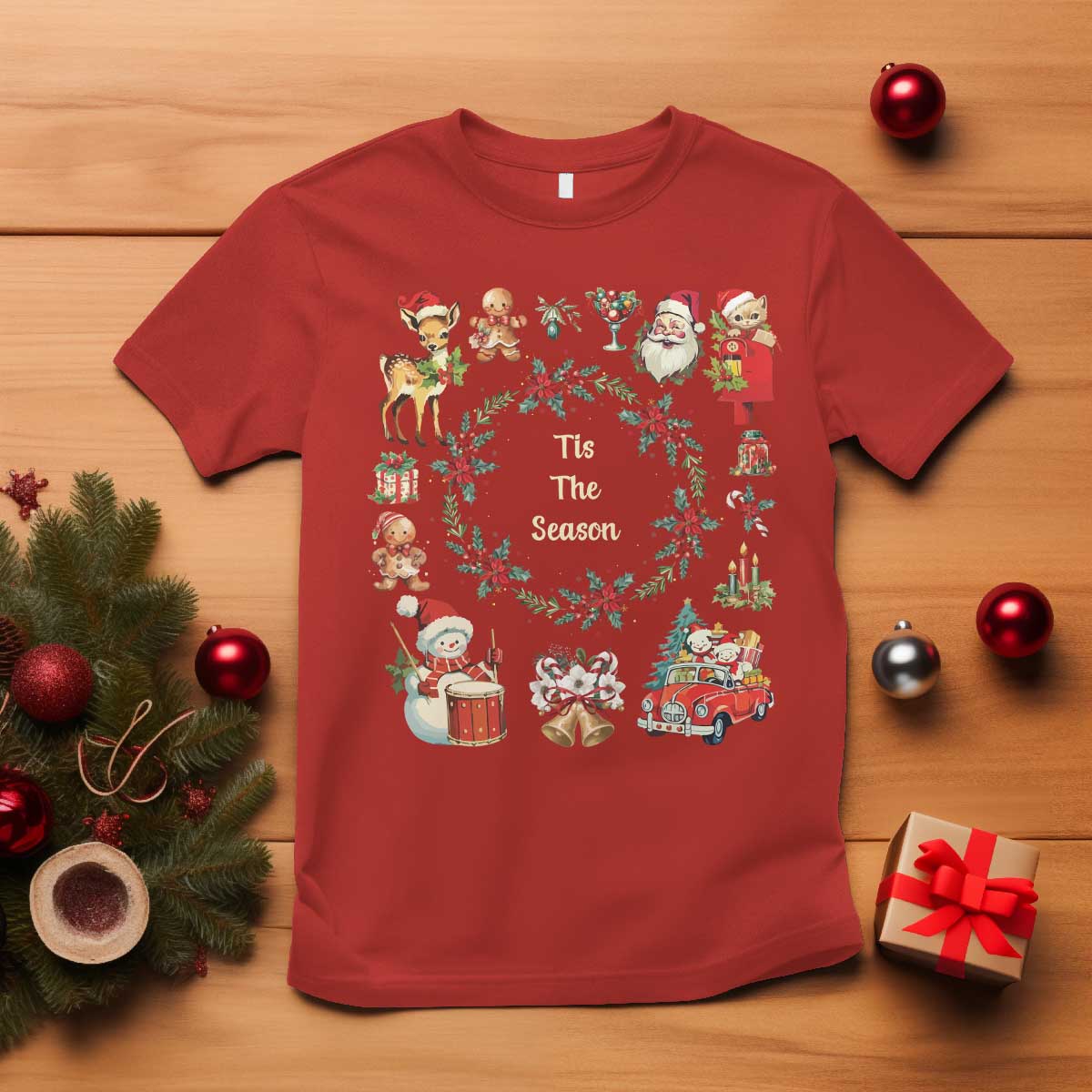 Retro Vintage Christmas T Shirt Tis The Season Santa Hat Xmas Wrealth - Wonder Print Shop