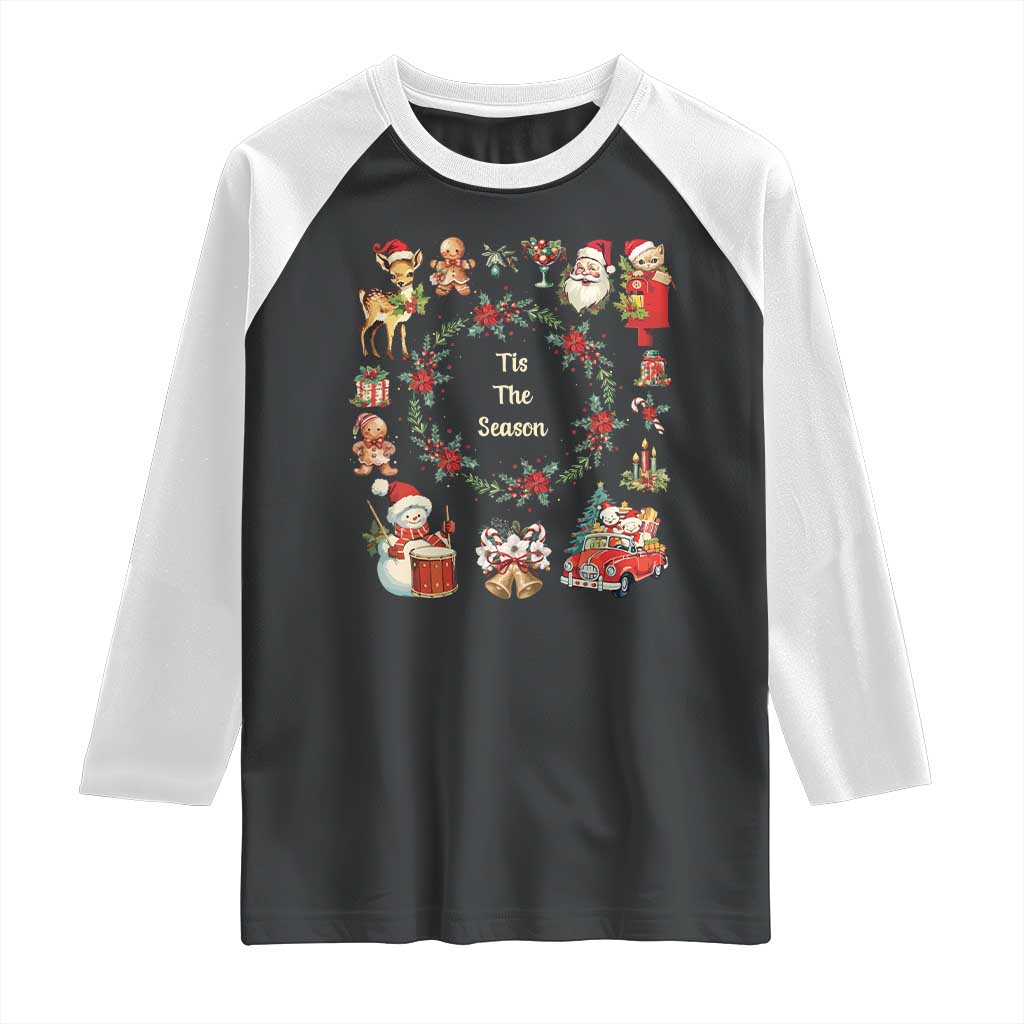 Retro Vintage Christmas Raglan Shirt Tis The Season Santa Hat Xmas Wrealth - Wonder Print Shop