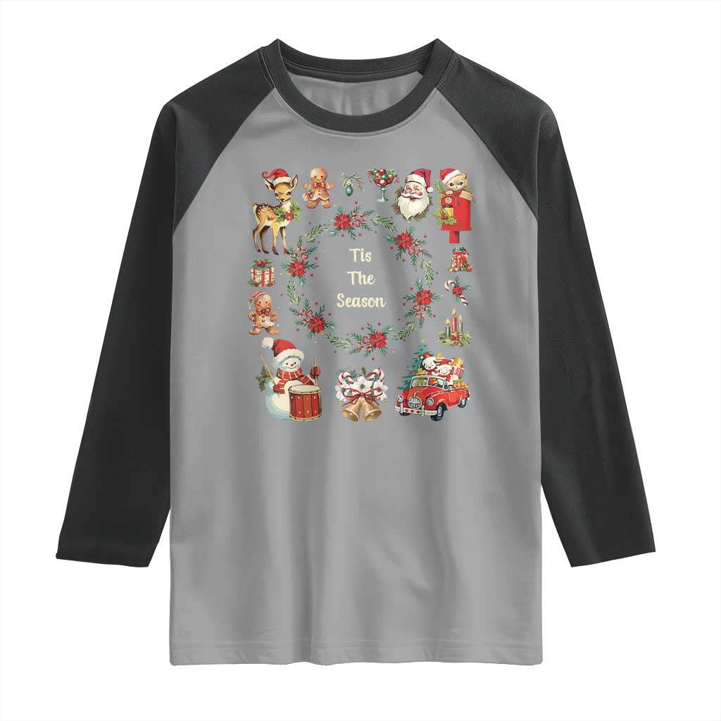 Retro Vintage Christmas Raglan Shirt Tis The Season Santa Hat Xmas Wrealth - Wonder Print Shop