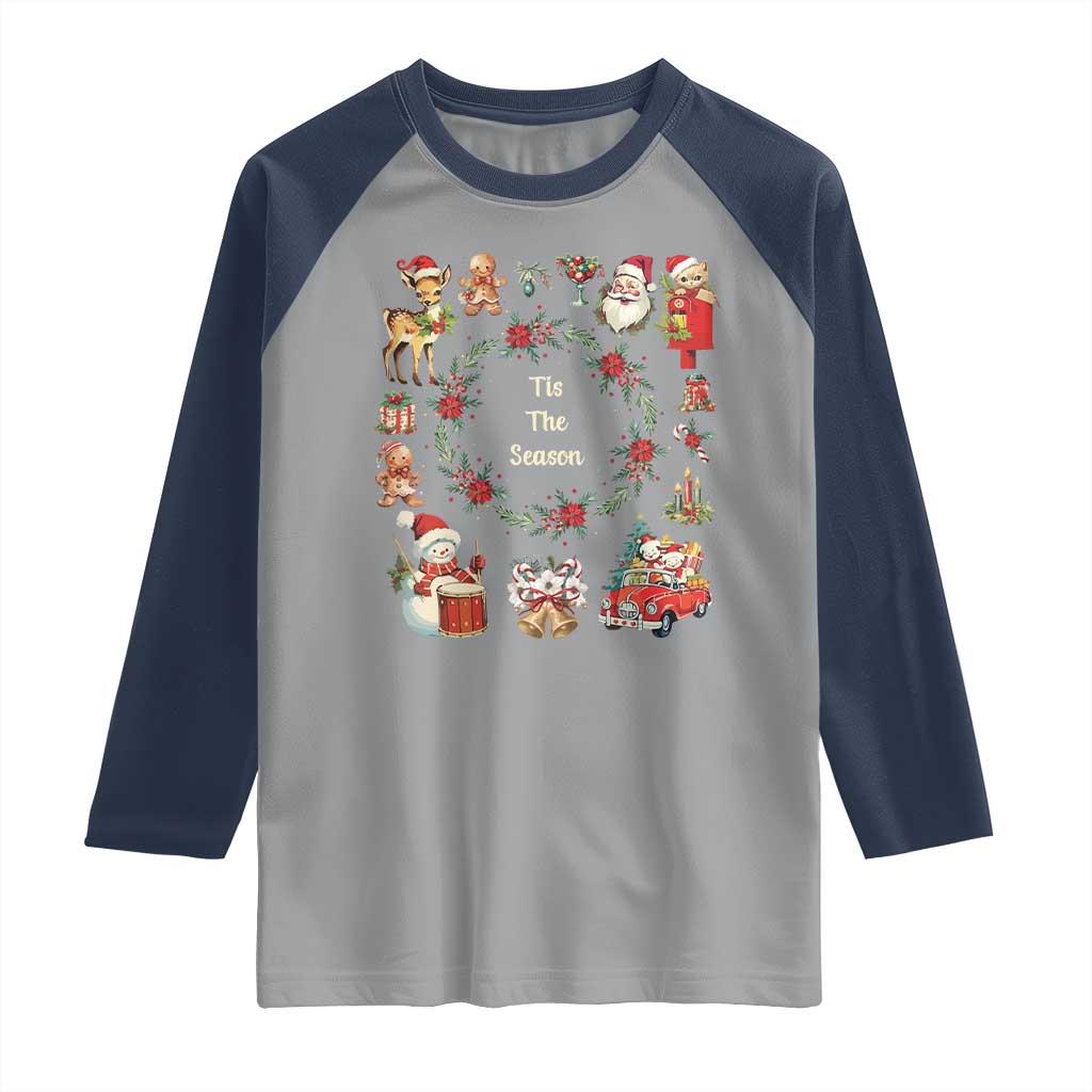 Retro Vintage Christmas Raglan Shirt Tis The Season Santa Hat Xmas Wrealth - Wonder Print Shop