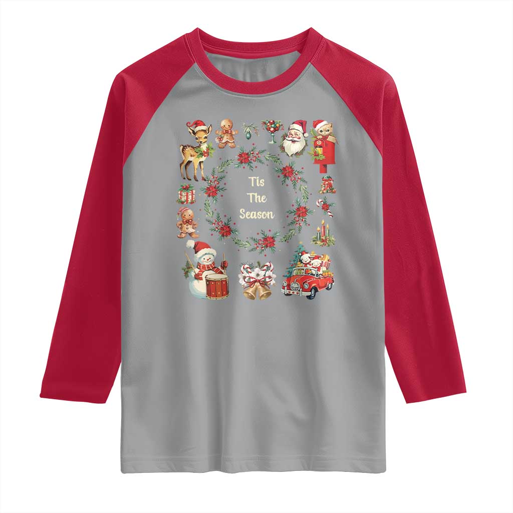 Retro Vintage Christmas Raglan Shirt Tis The Season Santa Hat Xmas Wrealth - Wonder Print Shop