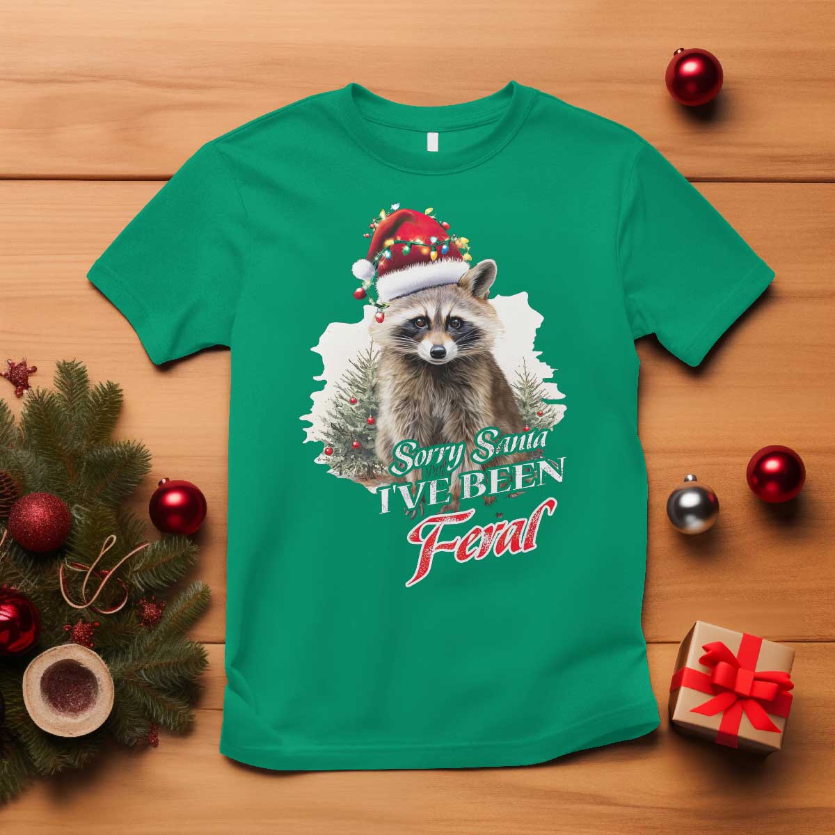 Funny Christmas Racoon T Shirt Sorry Santa I've Been Feral Trash Panda - Wonder Print Shop