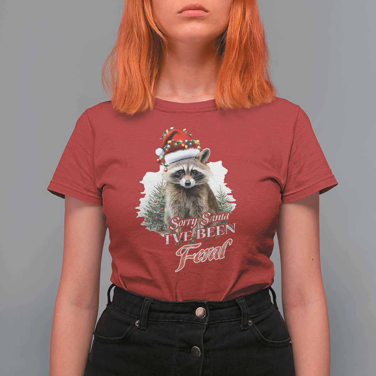 Funny Christmas Racoon T Shirt For Women Sorry Santa I've Been Feral Trash Panda - Wonder Print Shop