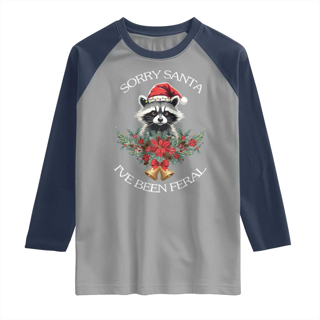 Funny Christmas Racoon Raglan Shirt Sorry Santa I've Been Feral Xmas Wreath - Wonder Print Shop