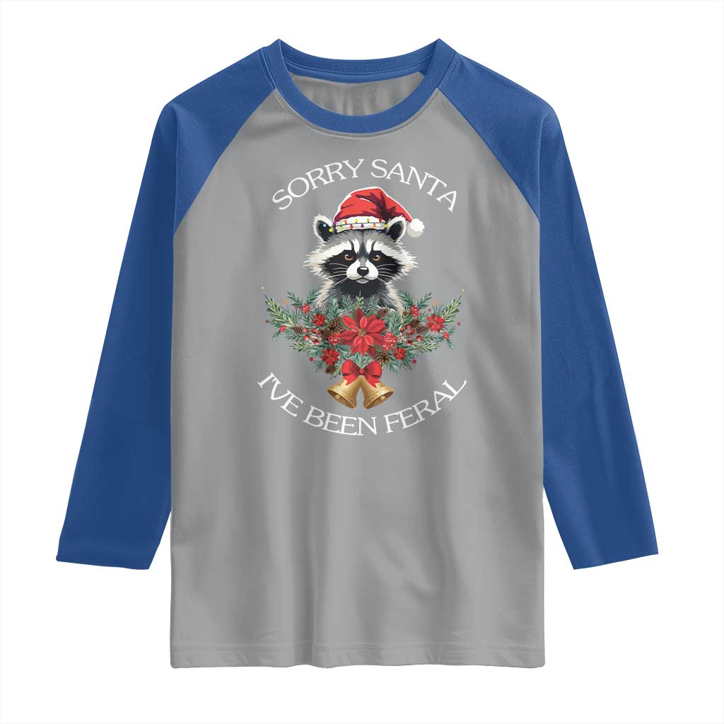 Funny Christmas Racoon Raglan Shirt Sorry Santa I've Been Feral Xmas Wreath - Wonder Print Shop