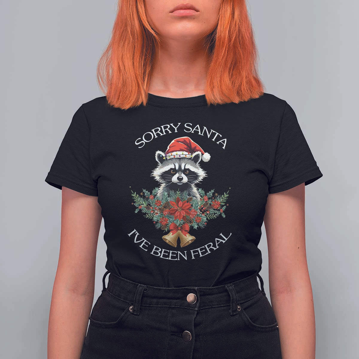 Funny Christmas Racoon T Shirt For Women Sorry Santa I've Been Feral Xmas Wreath - Wonder Print Shop