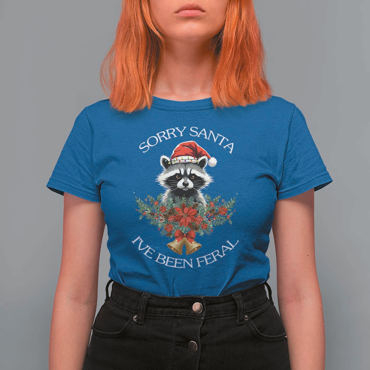 Funny Christmas Racoon T Shirt For Women Sorry Santa I've Been Feral Xmas Wreath - Wonder Print Shop