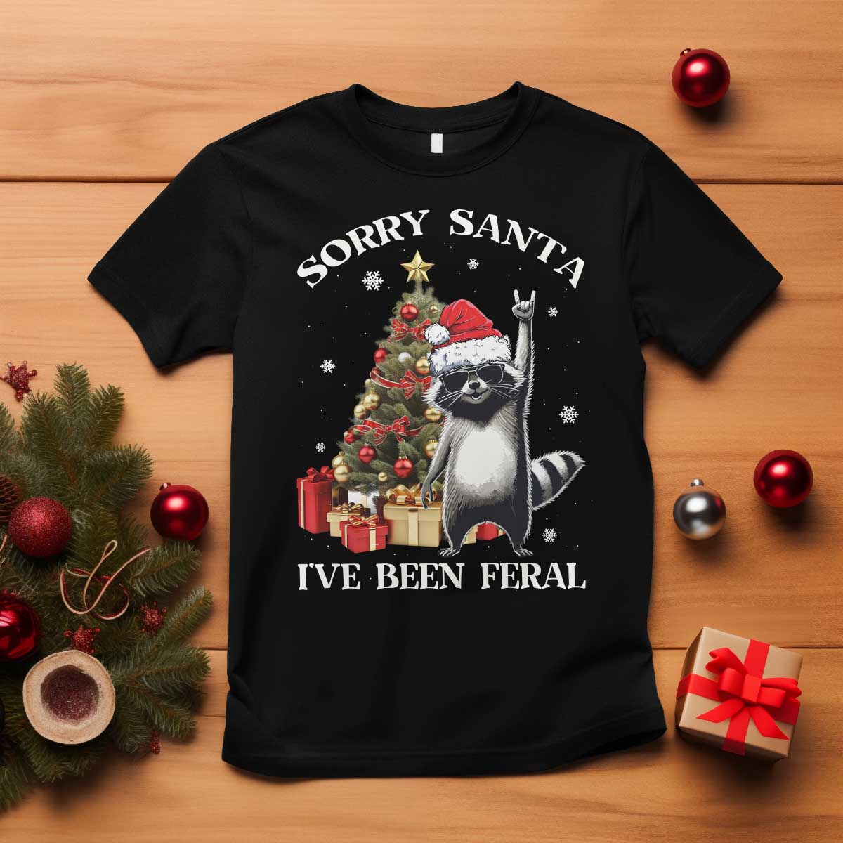 Funny Christmas Racoon T Shirt Sorry Santa I've Been Feral Xmas Hat - Wonder Print Shop