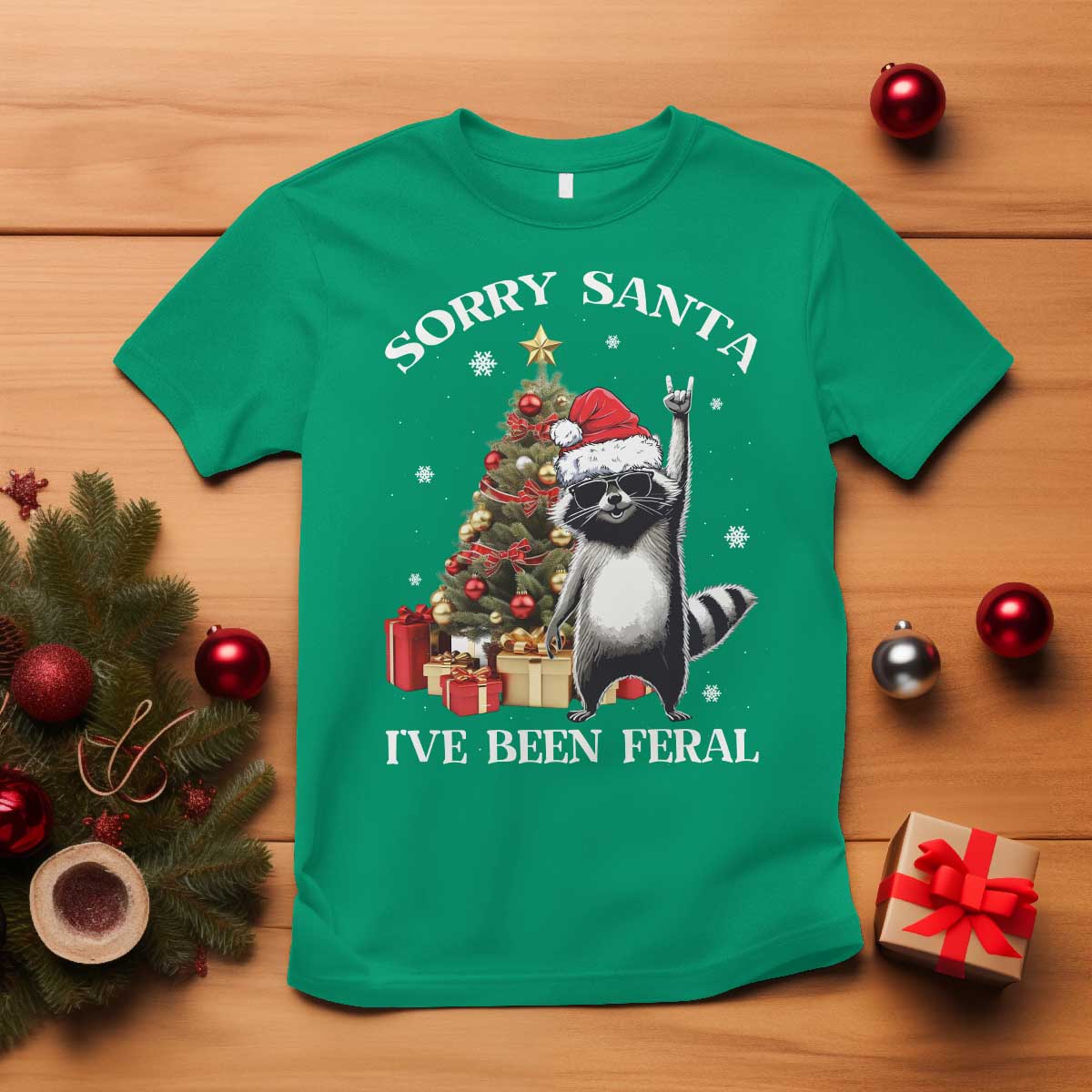 Funny Christmas Racoon T Shirt Sorry Santa I've Been Feral Xmas Hat - Wonder Print Shop
