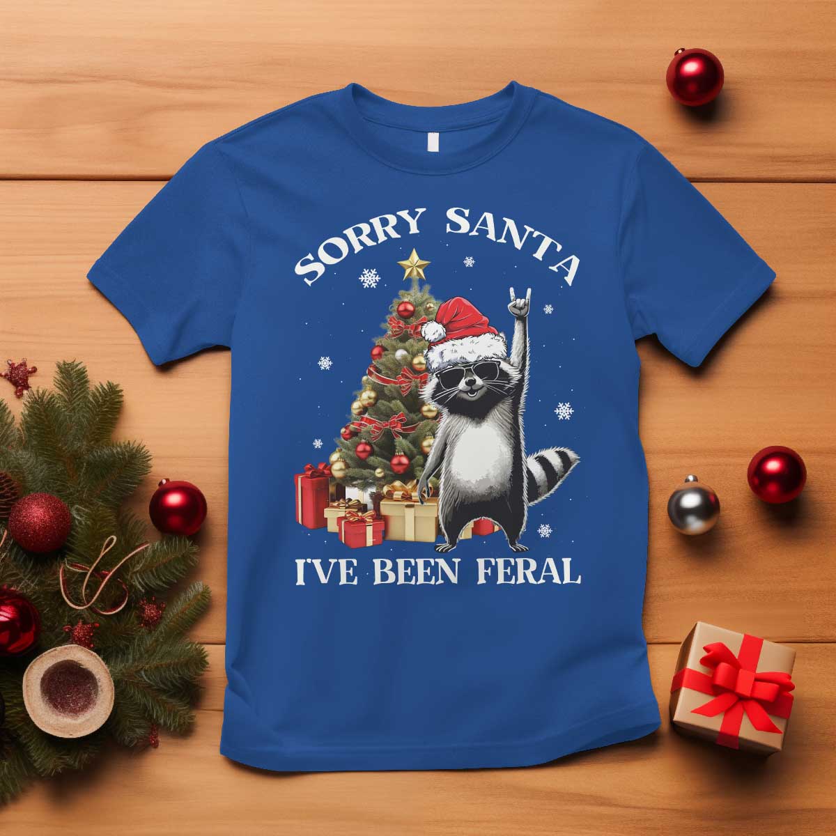 Funny Christmas Racoon T Shirt Sorry Santa I've Been Feral Xmas Hat - Wonder Print Shop