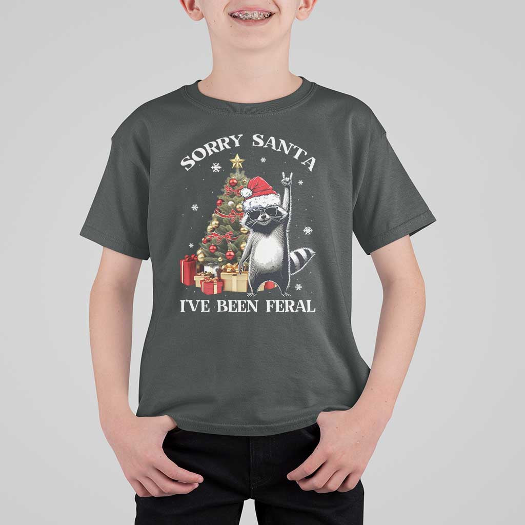 Funny Christmas Racoon T Shirt For Kid Sorry Santa I've Been Feral Xmas Hat - Wonder Print Shop
