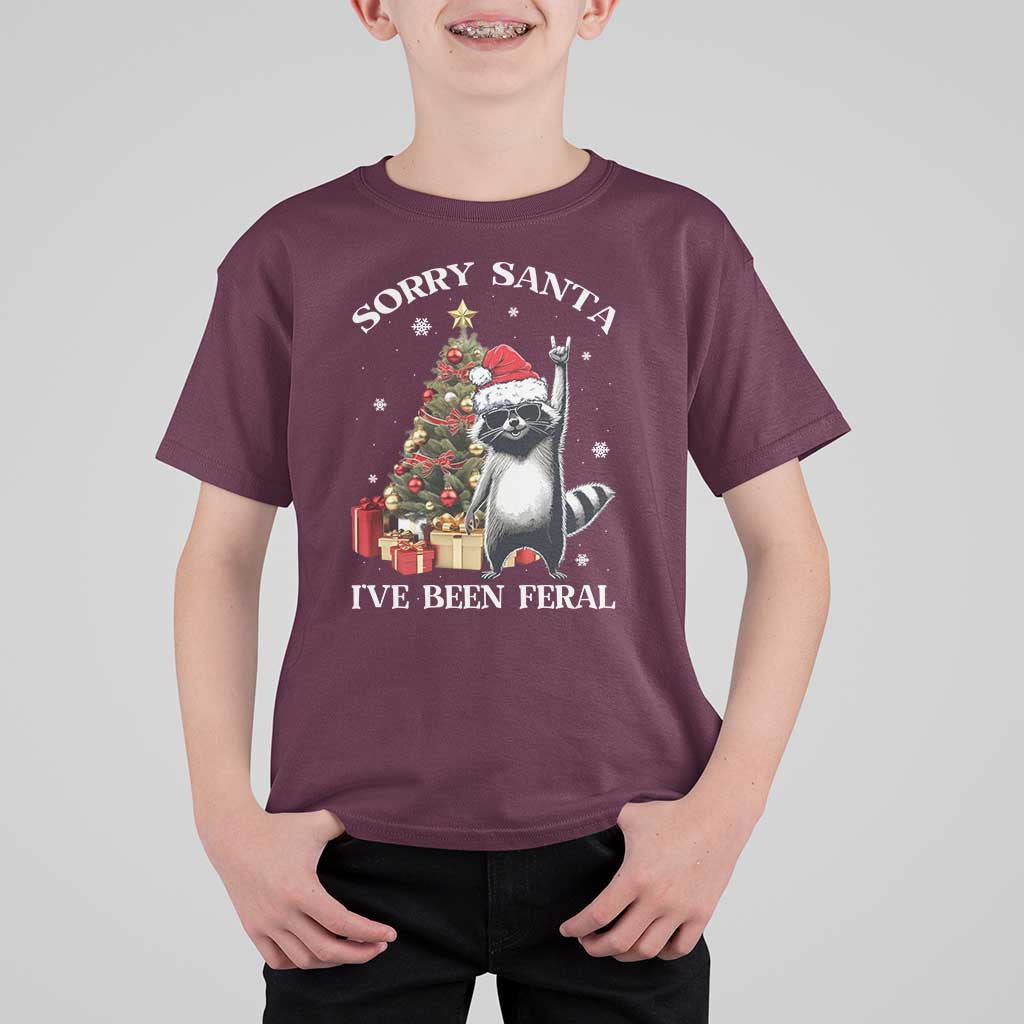 Funny Christmas Racoon T Shirt For Kid Sorry Santa I've Been Feral Xmas Hat - Wonder Print Shop
