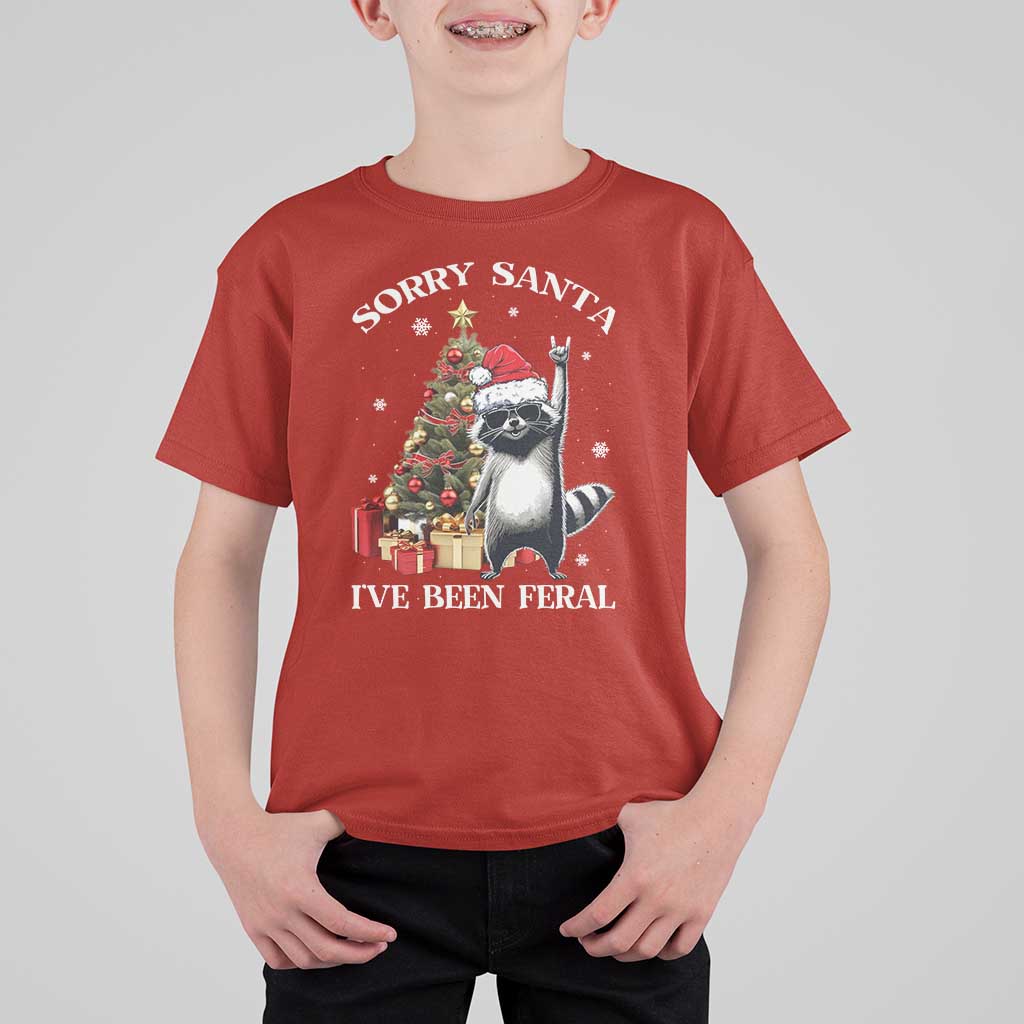 Funny Christmas Racoon T Shirt For Kid Sorry Santa I've Been Feral Xmas Hat - Wonder Print Shop