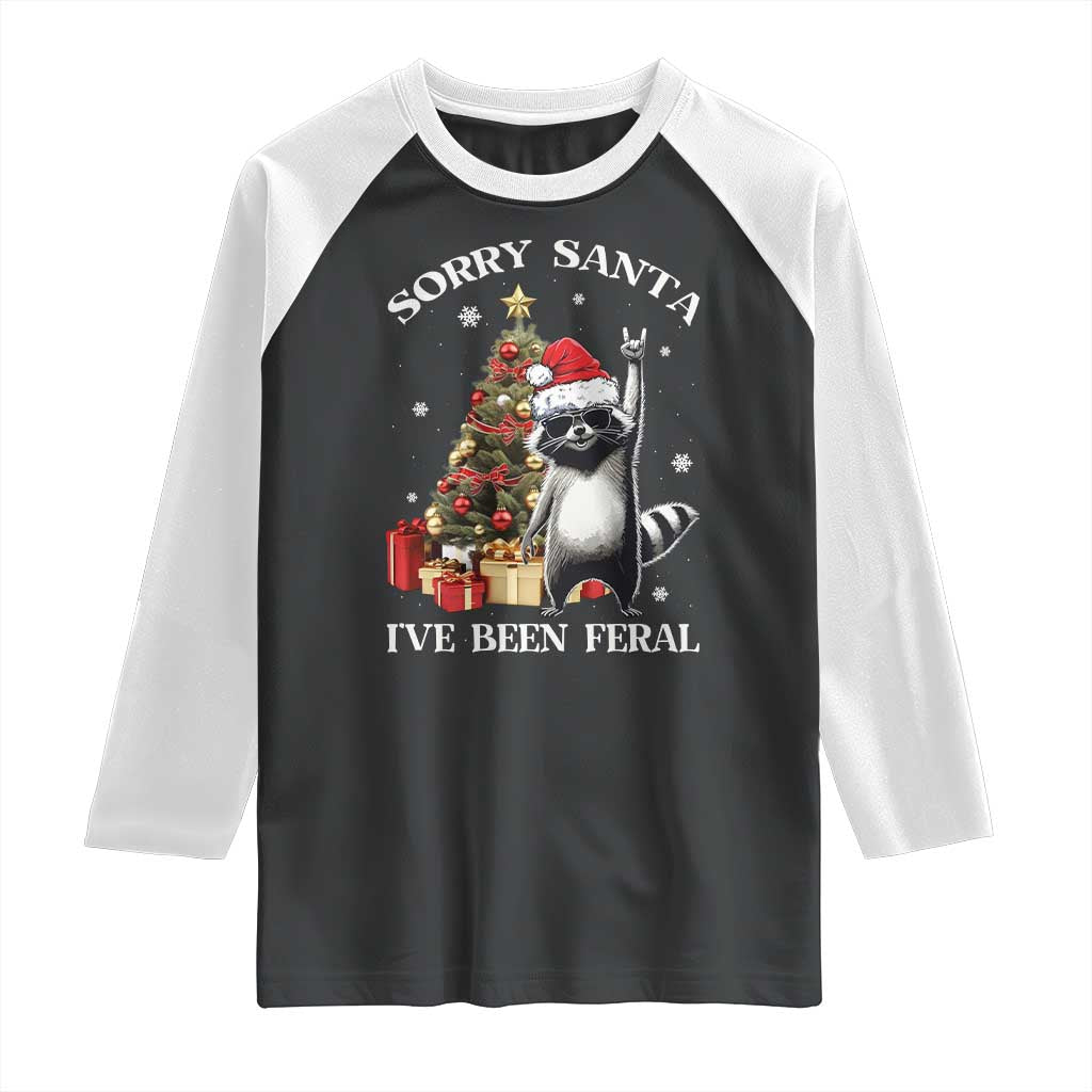 Funny Christmas Racoon Raglan Shirt Sorry Santa I've Been Feral Xmas Hat - Wonder Print Shop