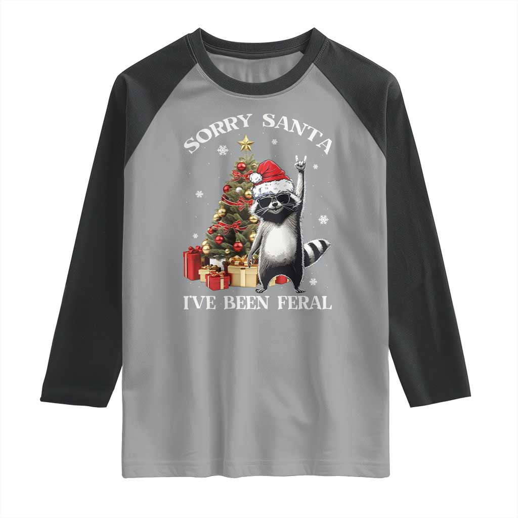 Funny Christmas Racoon Raglan Shirt Sorry Santa I've Been Feral Xmas Hat - Wonder Print Shop