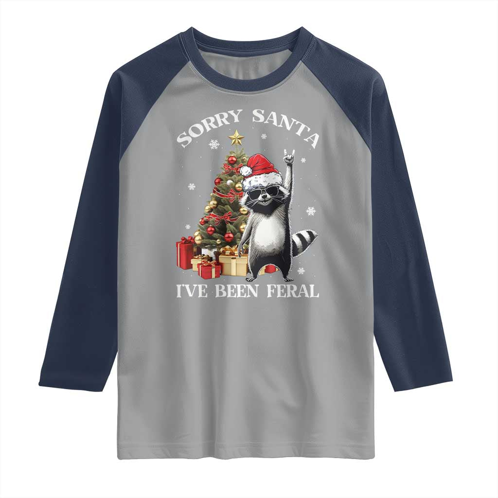 Funny Christmas Racoon Raglan Shirt Sorry Santa I've Been Feral Xmas Hat - Wonder Print Shop