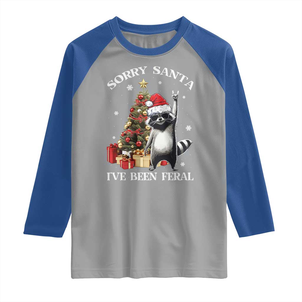 Funny Christmas Racoon Raglan Shirt Sorry Santa I've Been Feral Xmas Hat - Wonder Print Shop
