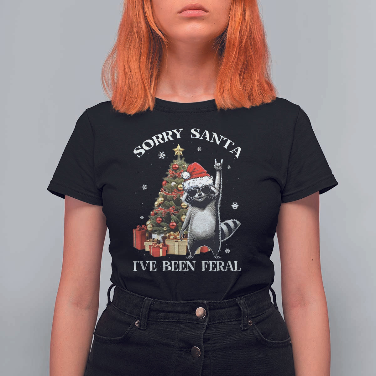 Funny Christmas Racoon T Shirt For Women Sorry Santa I've Been Feral Xmas Hat - Wonder Print Shop