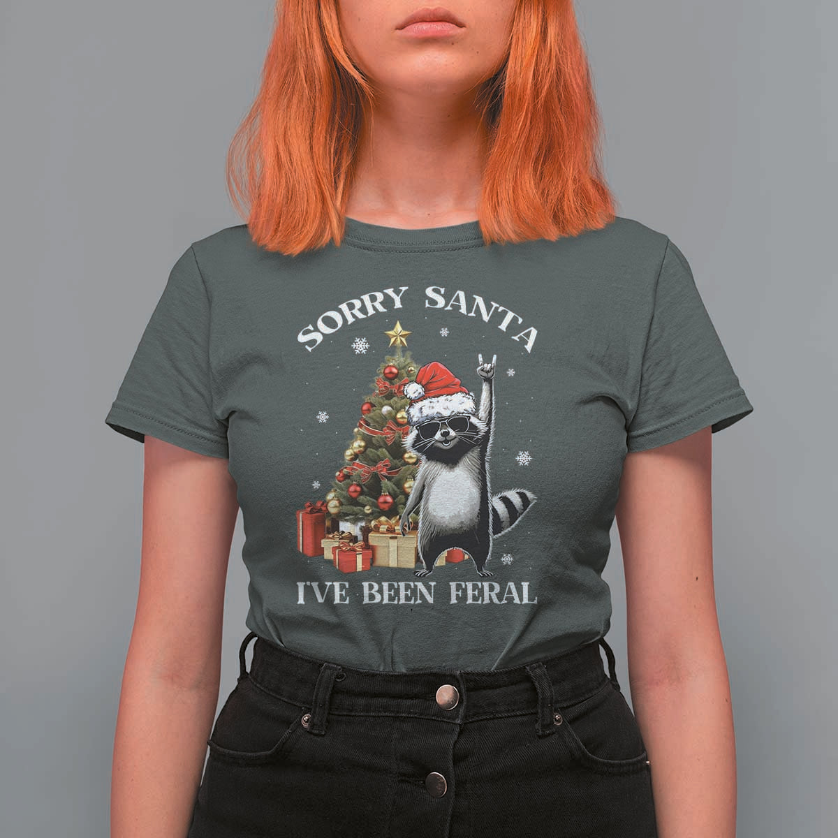 Funny Christmas Racoon T Shirt For Women Sorry Santa I've Been Feral Xmas Hat - Wonder Print Shop