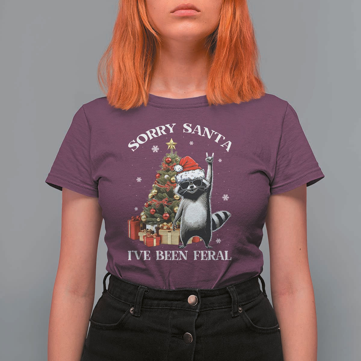 Funny Christmas Racoon T Shirt For Women Sorry Santa I've Been Feral Xmas Hat - Wonder Print Shop