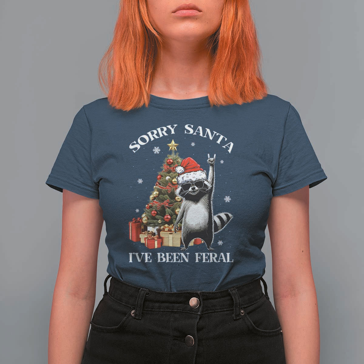 Funny Christmas Racoon T Shirt For Women Sorry Santa I've Been Feral Xmas Hat - Wonder Print Shop