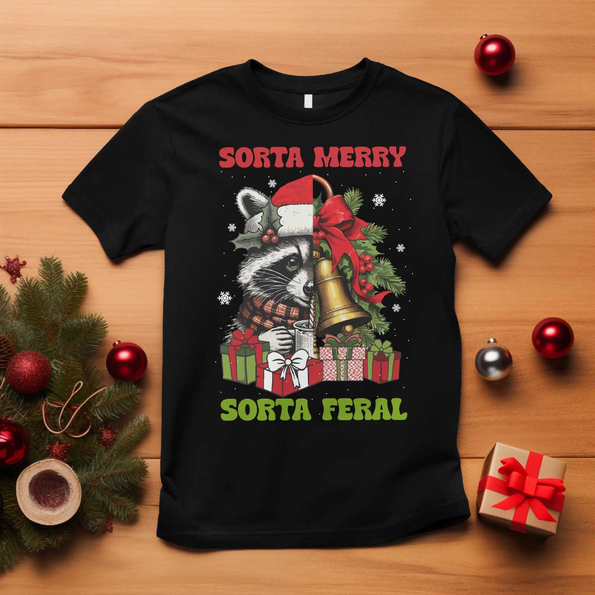 Funny Christmas Racoon T Shirt Sorta Merry Sorta Feral Xmas Wreath - Wonder Print Shop