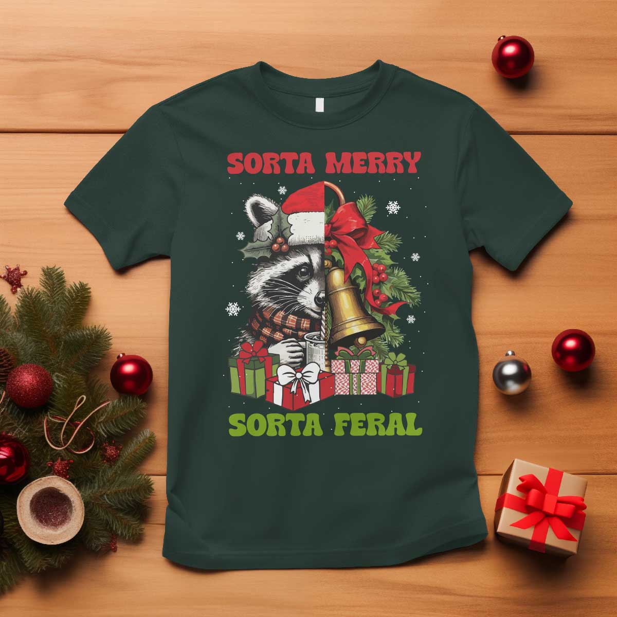 Funny Christmas Racoon T Shirt Sorta Merry Sorta Feral Xmas Wreath - Wonder Print Shop