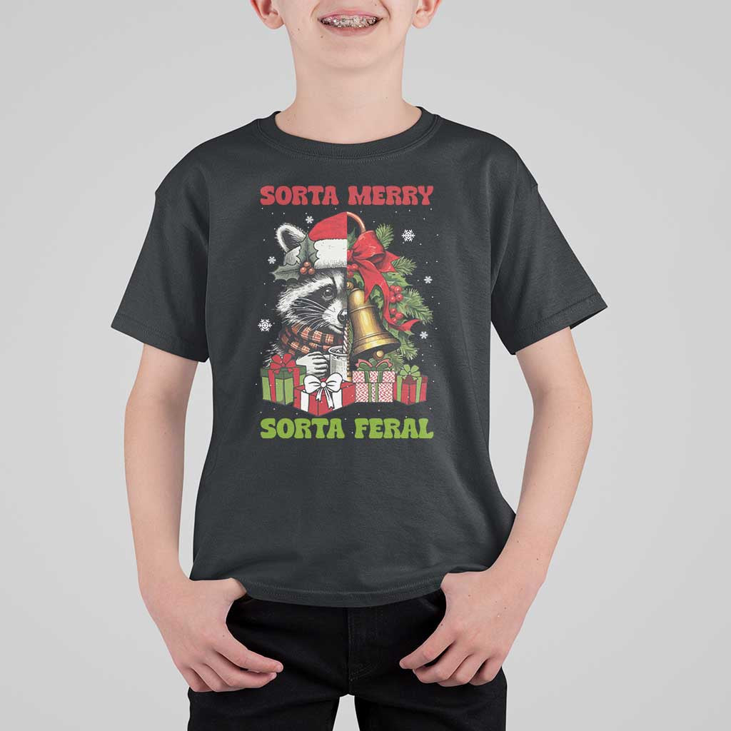 Funny Christmas Racoon T Shirt For Kid Sorta Merry Sorta Feral Xmas Wreath - Wonder Print Shop