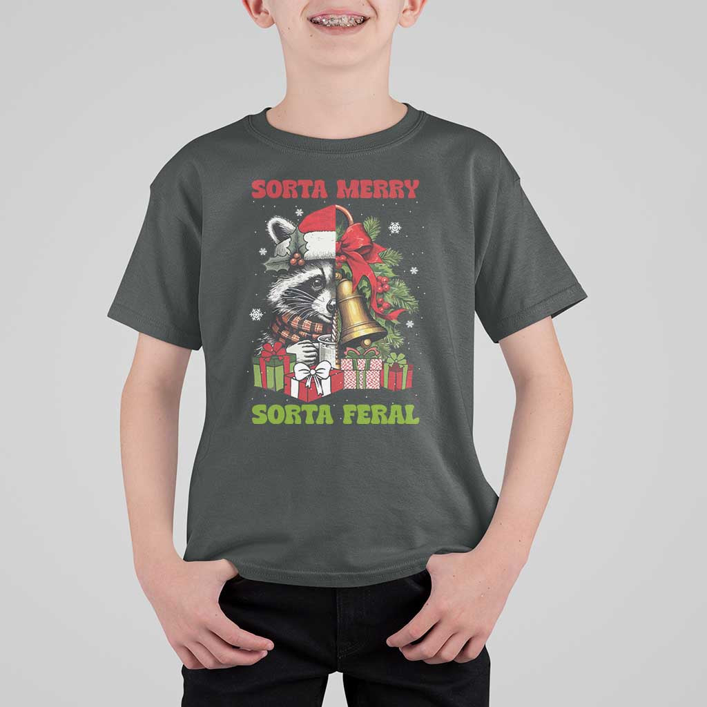 Funny Christmas Racoon T Shirt For Kid Sorta Merry Sorta Feral Xmas Wreath - Wonder Print Shop