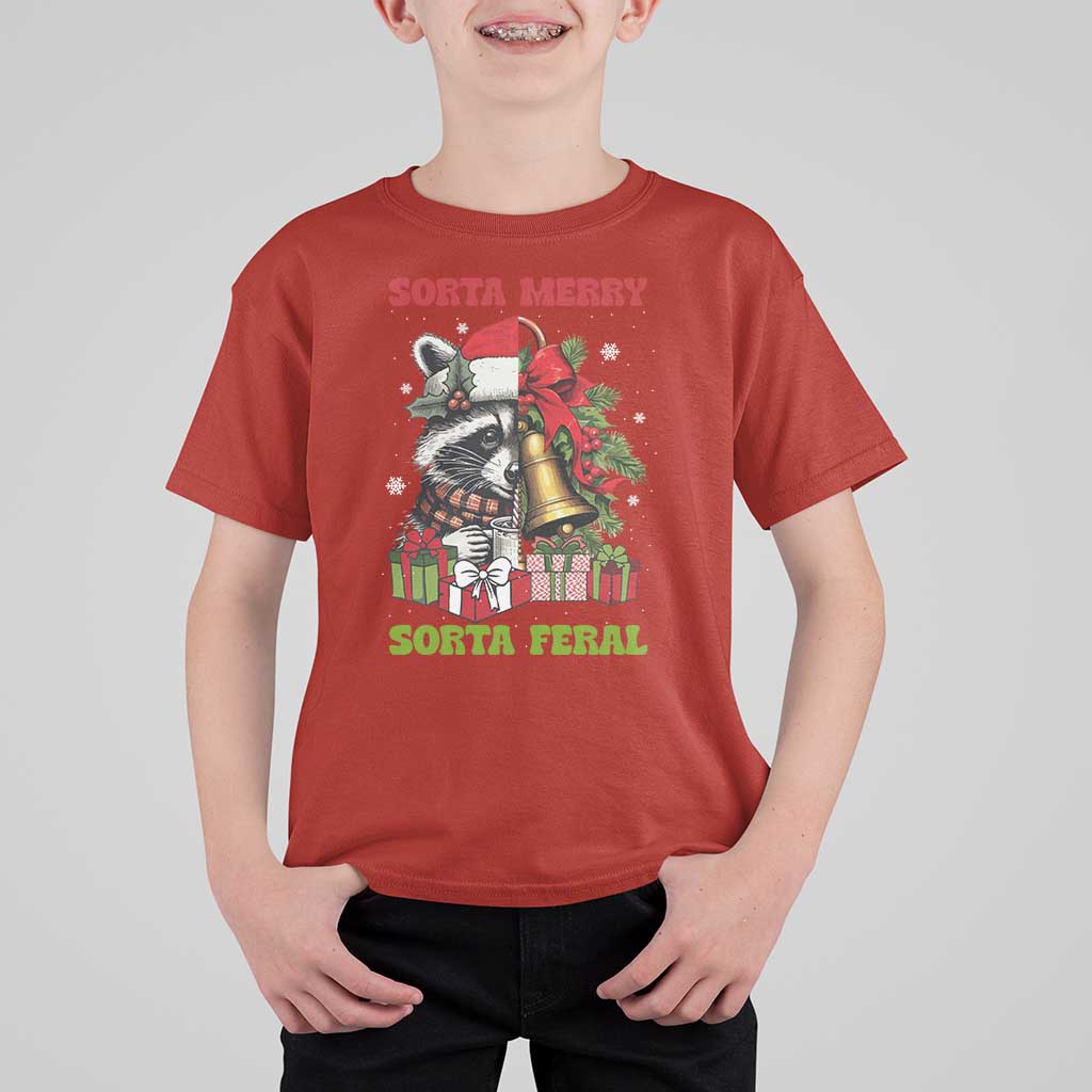 Funny Christmas Racoon T Shirt For Kid Sorta Merry Sorta Feral Xmas Wreath - Wonder Print Shop