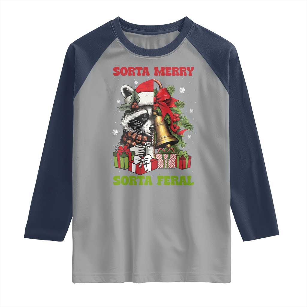 Funny Christmas Racoon Raglan Shirt Sorta Merry Sorta Feral Xmas Wreath - Wonder Print Shop