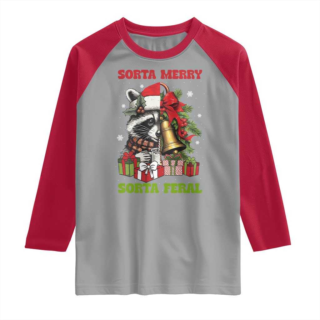 Funny Christmas Racoon Raglan Shirt Sorta Merry Sorta Feral Xmas Wreath - Wonder Print Shop
