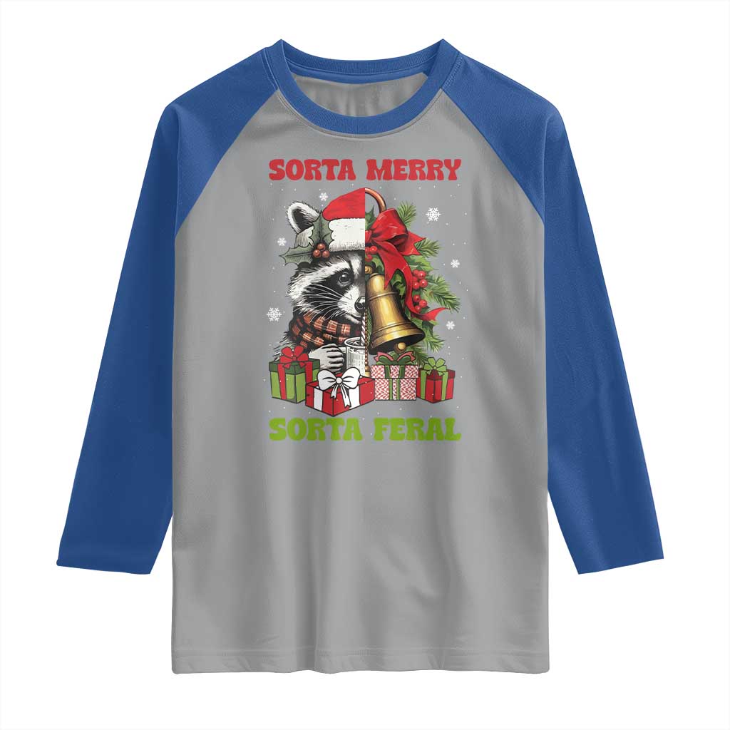 Funny Christmas Racoon Raglan Shirt Sorta Merry Sorta Feral Xmas Wreath - Wonder Print Shop