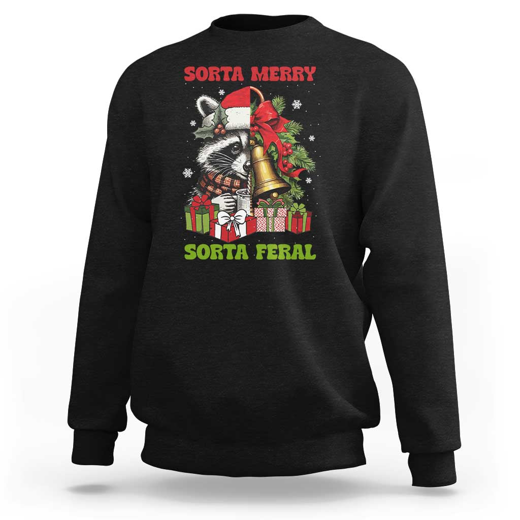 Funny Christmas Racoon Sweatshirt Sorta Merry Sorta Feral Xmas Wreath - Wonder Print Shop