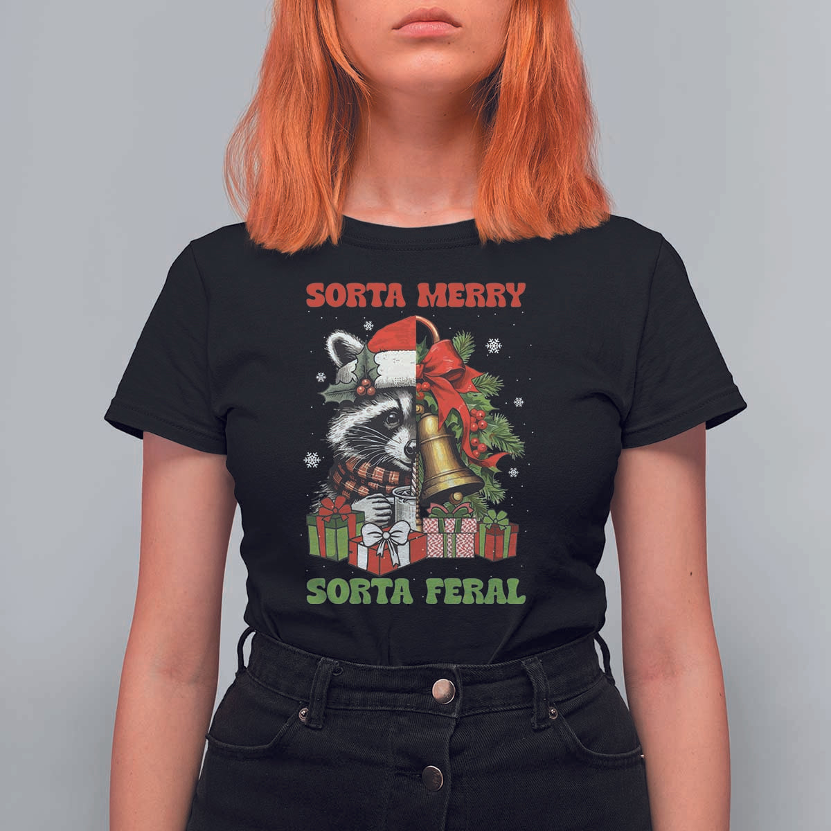 Funny Christmas Racoon T Shirt For Women Sorta Merry Sorta Feral Xmas Wreath - Wonder Print Shop