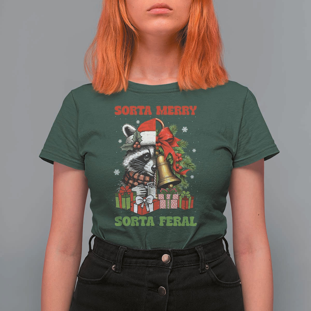 Funny Christmas Racoon T Shirt For Women Sorta Merry Sorta Feral Xmas Wreath - Wonder Print Shop