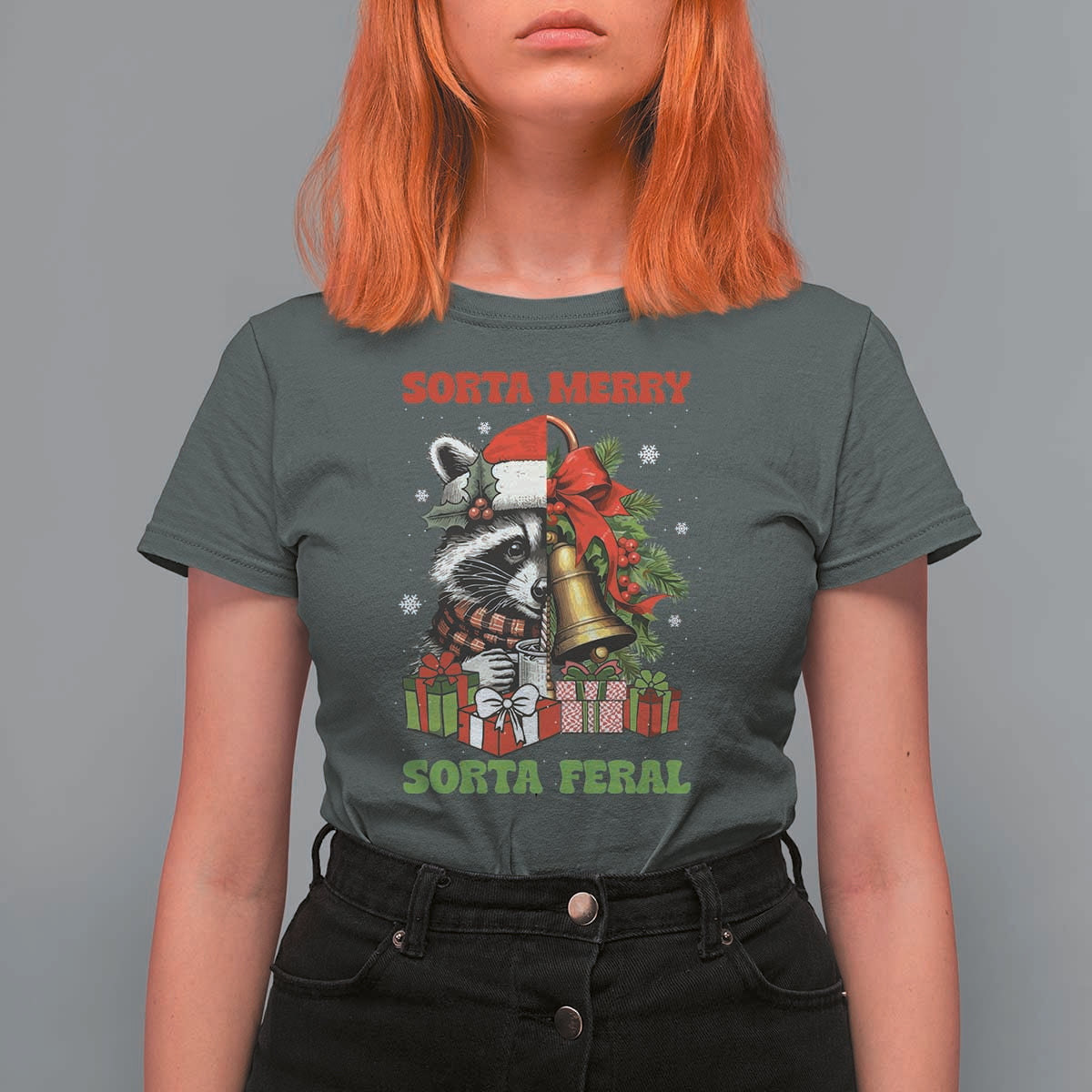 Funny Christmas Racoon T Shirt For Women Sorta Merry Sorta Feral Xmas Wreath - Wonder Print Shop