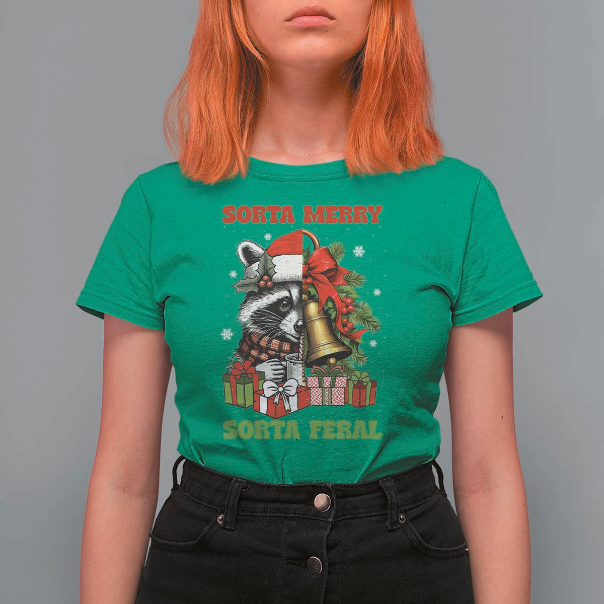 Funny Christmas Racoon T Shirt For Women Sorta Merry Sorta Feral Xmas Wreath - Wonder Print Shop