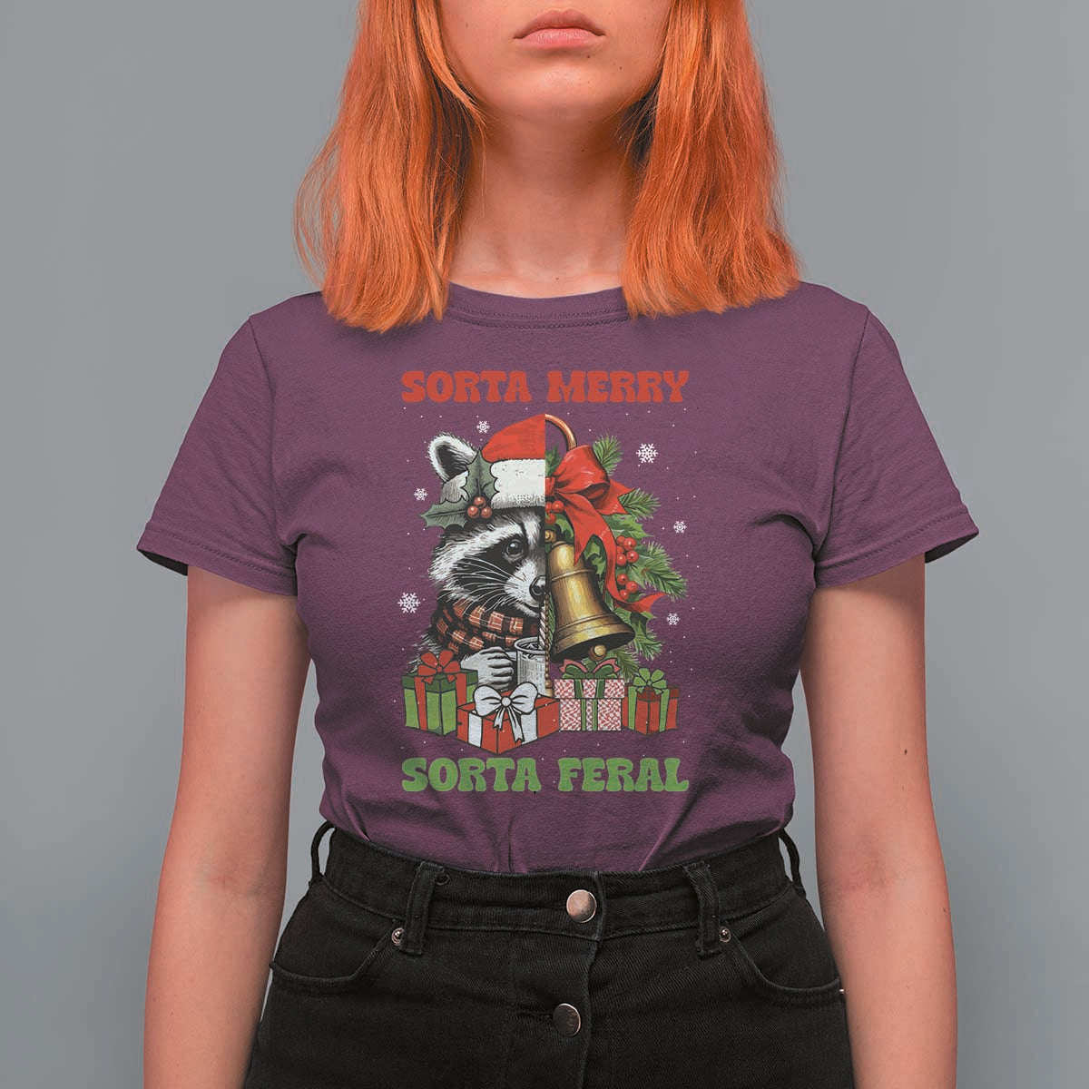 Funny Christmas Racoon T Shirt For Women Sorta Merry Sorta Feral Xmas Wreath - Wonder Print Shop