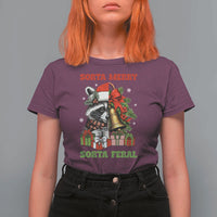 Funny Christmas Racoon T Shirt For Women Sorta Merry Sorta Feral Xmas Wreath - Wonder Print Shop
