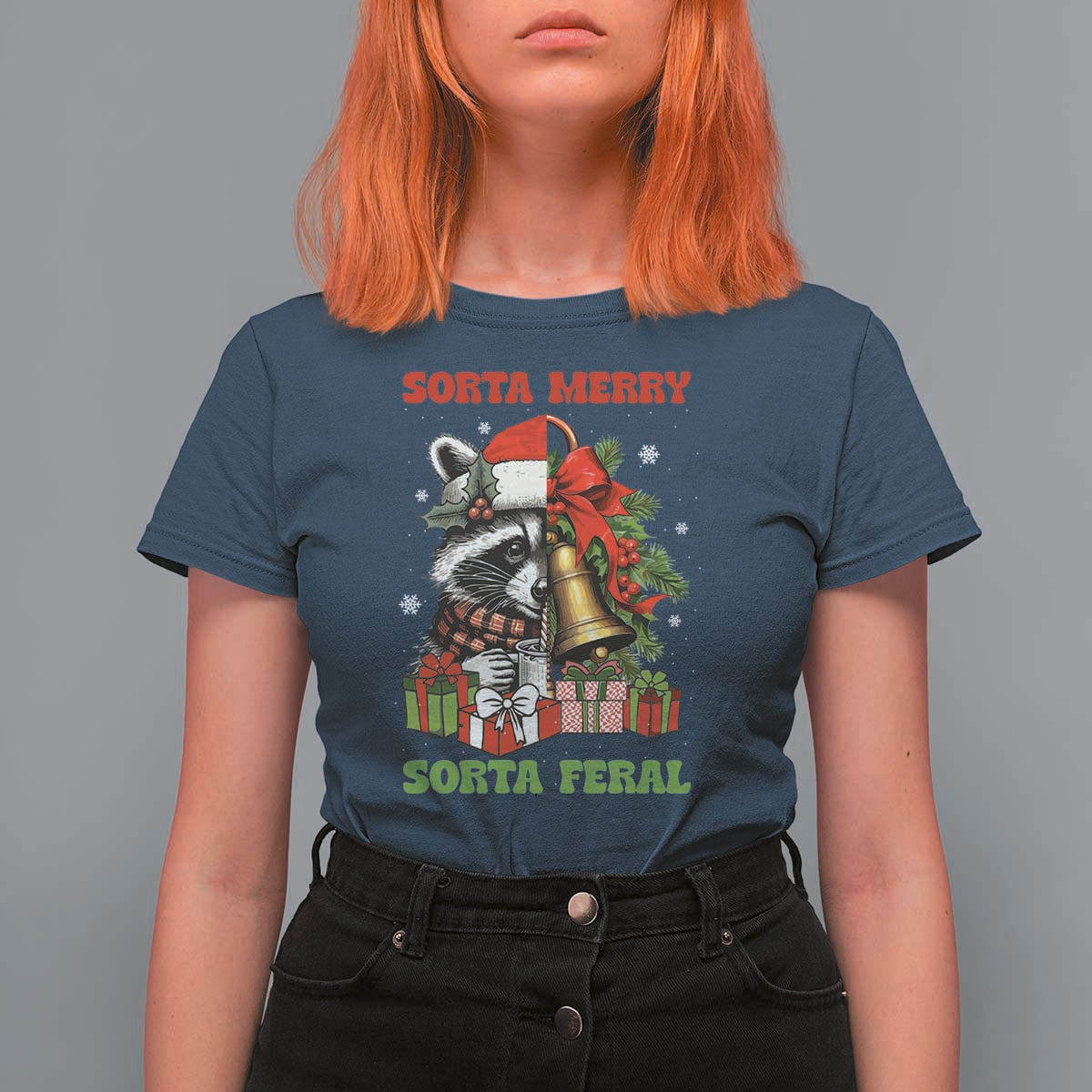 Funny Christmas Racoon T Shirt For Women Sorta Merry Sorta Feral Xmas Wreath - Wonder Print Shop