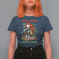 Funny Christmas Racoon T Shirt For Women Sorta Merry Sorta Feral Xmas Wreath - Wonder Print Shop