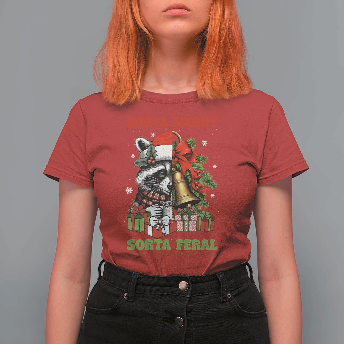 Funny Christmas Racoon T Shirt For Women Sorta Merry Sorta Feral Xmas Wreath - Wonder Print Shop