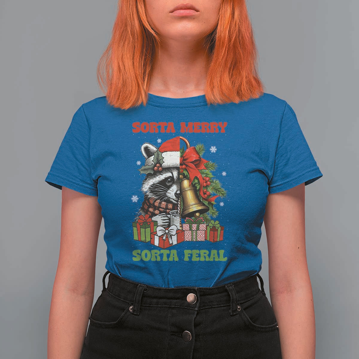 Funny Christmas Racoon T Shirt For Women Sorta Merry Sorta Feral Xmas Wreath - Wonder Print Shop